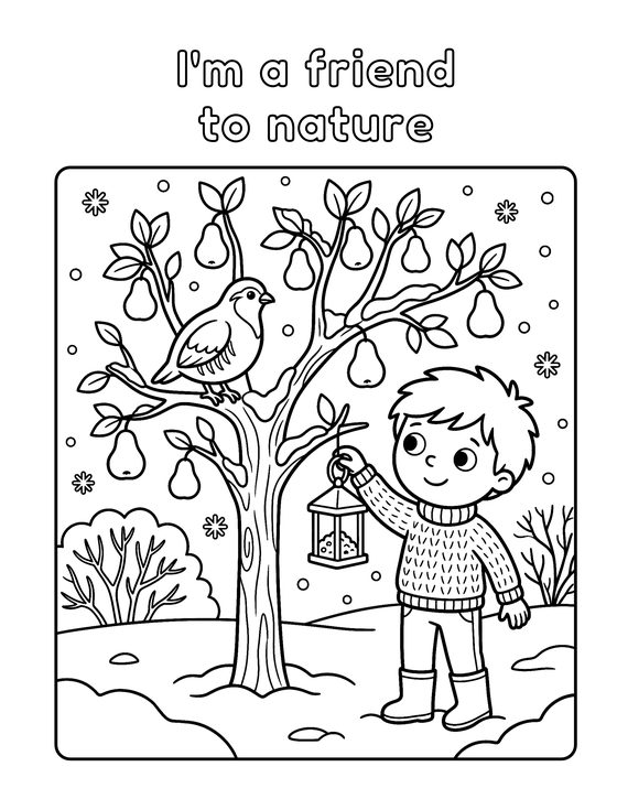 The free colouring page: I’m a friend to nature, a boy hanging a bird feeder in a snowy tree