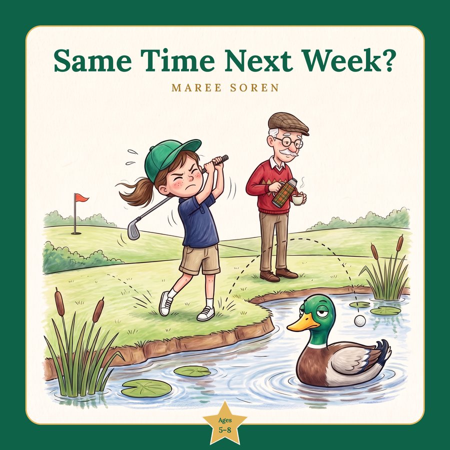The cover of Same Time Next Week?: Neve mid-swing, Grandad pouring tea, and the duck in the pond